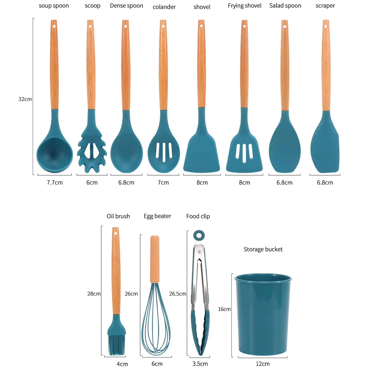 Blue Silicone Cooking Utensils Non-Stick Kitchenware with Spoon Holder Wooden Handle Kitchen Accessories Cooking Tools Set