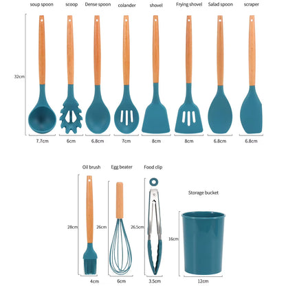 Blue Silicone Cooking Utensils Non-Stick Kitchenware with Spoon Holder Wooden Handle Kitchen Accessories Cooking Tools Set