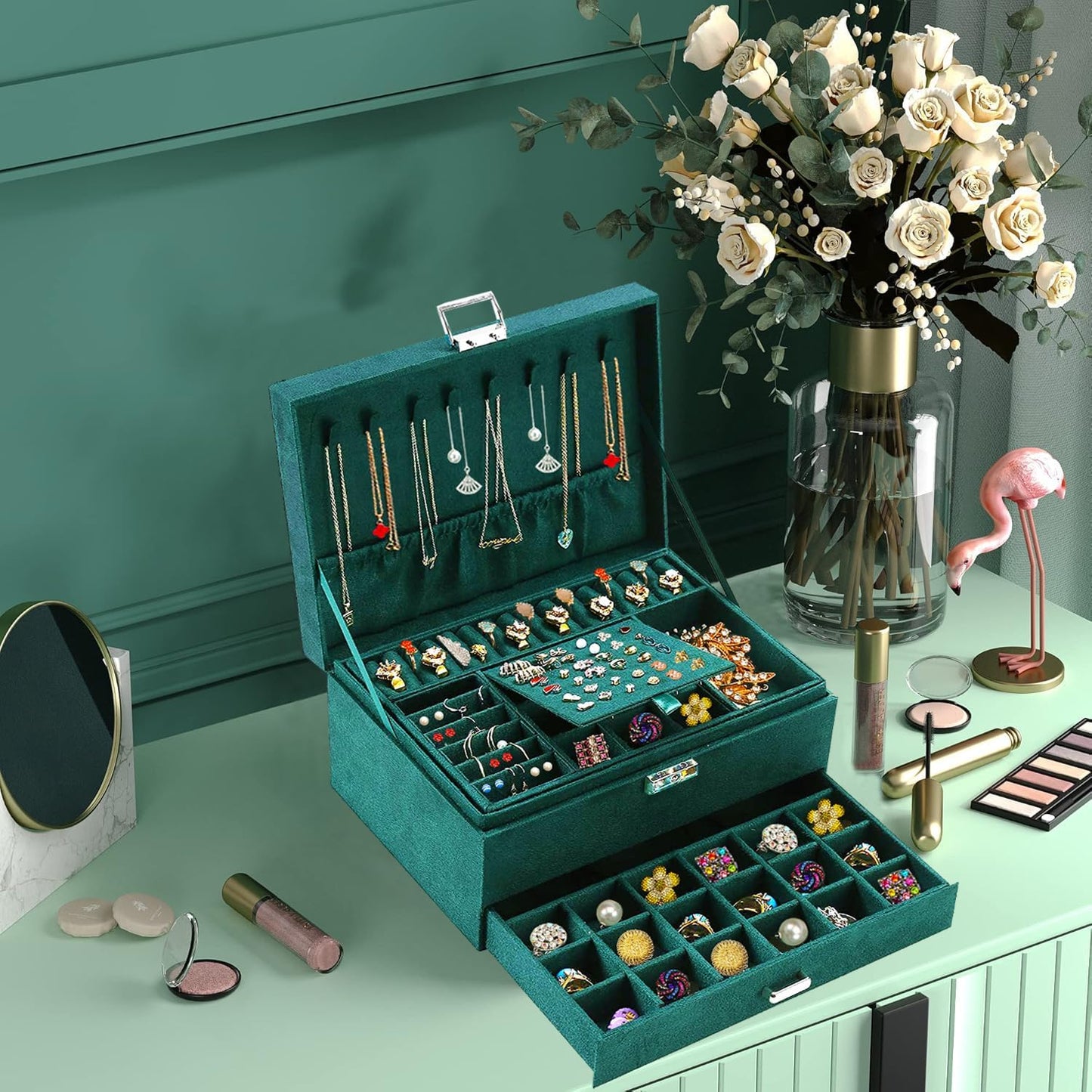 Women Jewelry Organizer Box Emerald Green Velvet Jewelry Box for Necklace Earring Rings Bracelets Bangle Jewelry Box Organizer for Women Ladies Jewelry Display Storage Box Case with Lock Key