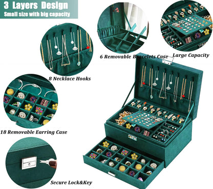 Women Jewelry Organizer Box Emerald Green Velvet Jewelry Box for Necklace Earring Rings Bracelets Bangle Jewelry Box Organizer for Women Ladies Jewelry Display Storage Box Case with Lock Key