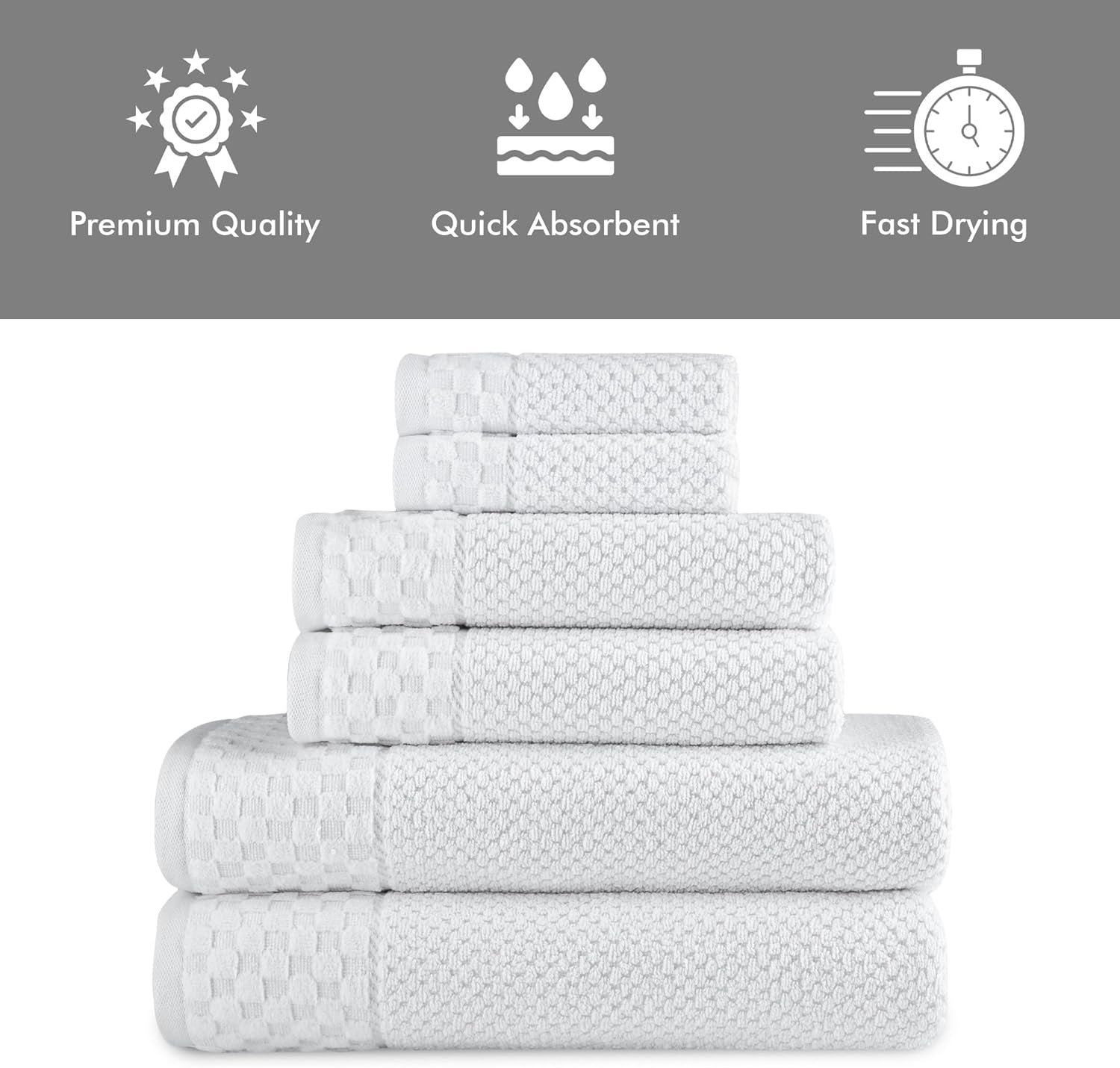 - Soft Textured and Quick Dry - 6 Piece Luxury White Towels for Bathroom - 100% Turkish Cotton - 2 Bath Towels, 2 Washcloths and 2 Hand Towels Set