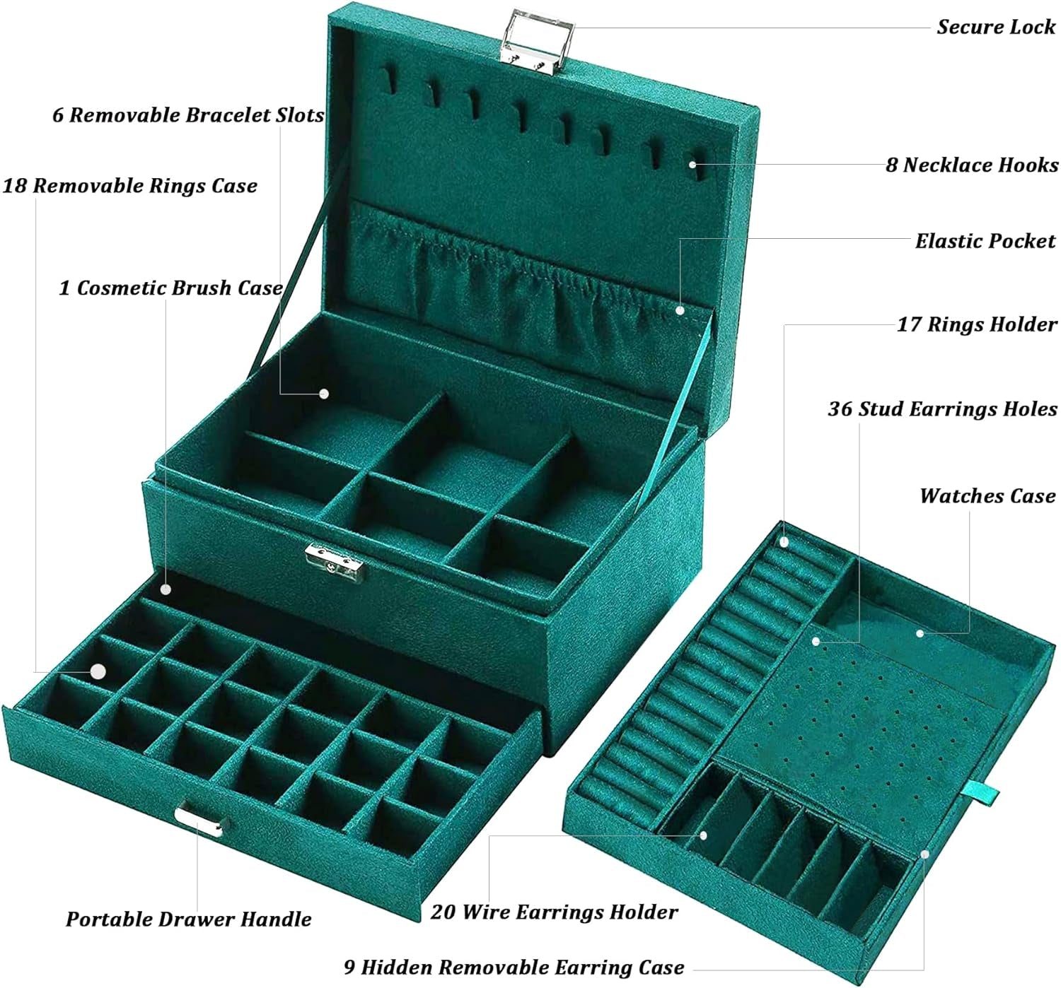 Women Jewelry Organizer Box Emerald Green Velvet Jewelry Box for Necklace Earring Rings Bracelets Bangle Jewelry Box Organizer for Women Ladies Jewelry Display Storage Box Case with Lock Key