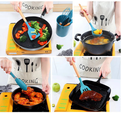 Blue Silicone Cooking Utensils Non-Stick Kitchenware with Spoon Holder Wooden Handle Kitchen Accessories Cooking Tools Set