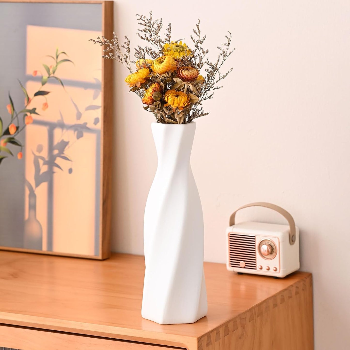 Ceramic Vase - Flowers Vase Modern Home Decor, White Geometric Decorative Vases for Living Room, Dried Flower Vase, Mantel, Table Decoration