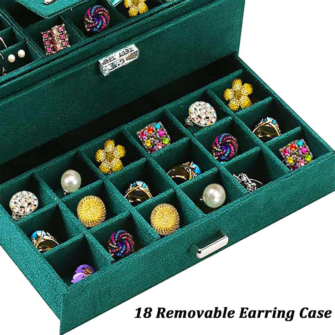 Women Jewelry Organizer Box Emerald Green Velvet Jewelry Box for Necklace Earring Rings Bracelets Bangle Jewelry Box Organizer for Women Ladies Jewelry Display Storage Box Case with Lock Key