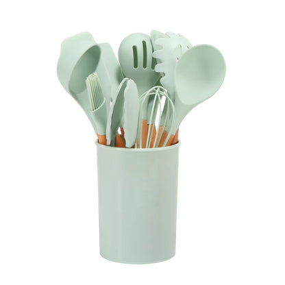 Blue Silicone Cooking Utensils Non-Stick Kitchenware with Spoon Holder Wooden Handle Kitchen Accessories Cooking Tools Set