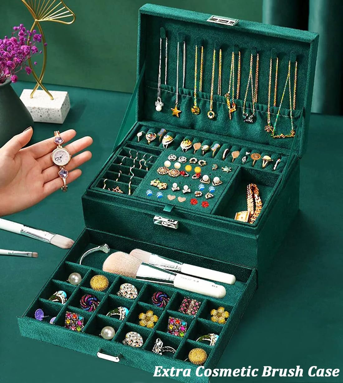 Women Jewelry Organizer Box Emerald Green Velvet Jewelry Box for Necklace Earring Rings Bracelets Bangle Jewelry Box Organizer for Women Ladies Jewelry Display Storage Box Case with Lock Key