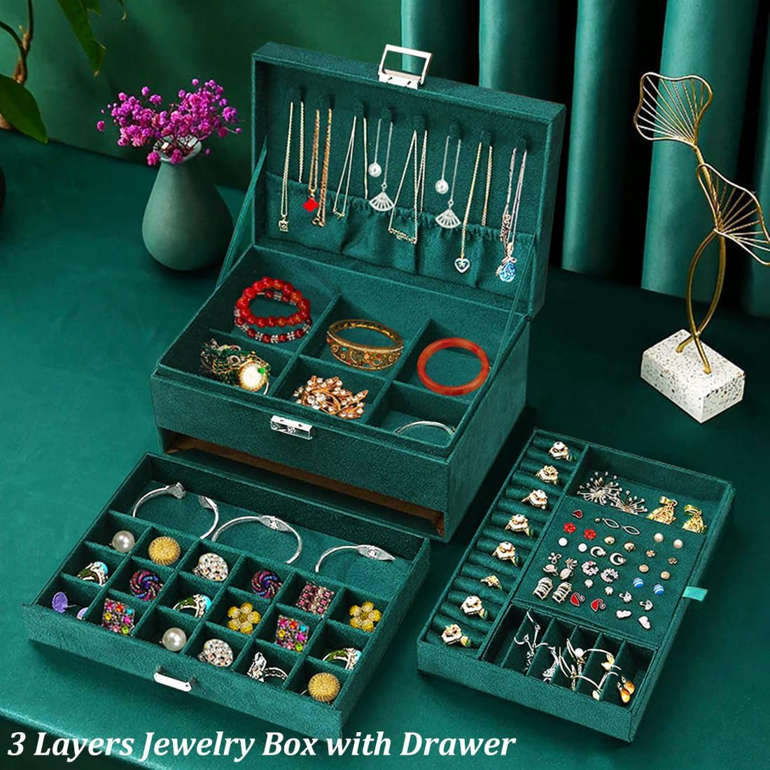 Women Jewelry Organizer Box Emerald Green Velvet Jewelry Box for Necklace Earring Rings Bracelets Bangle Jewelry Box Organizer for Women Ladies Jewelry Display Storage Box Case with Lock Key