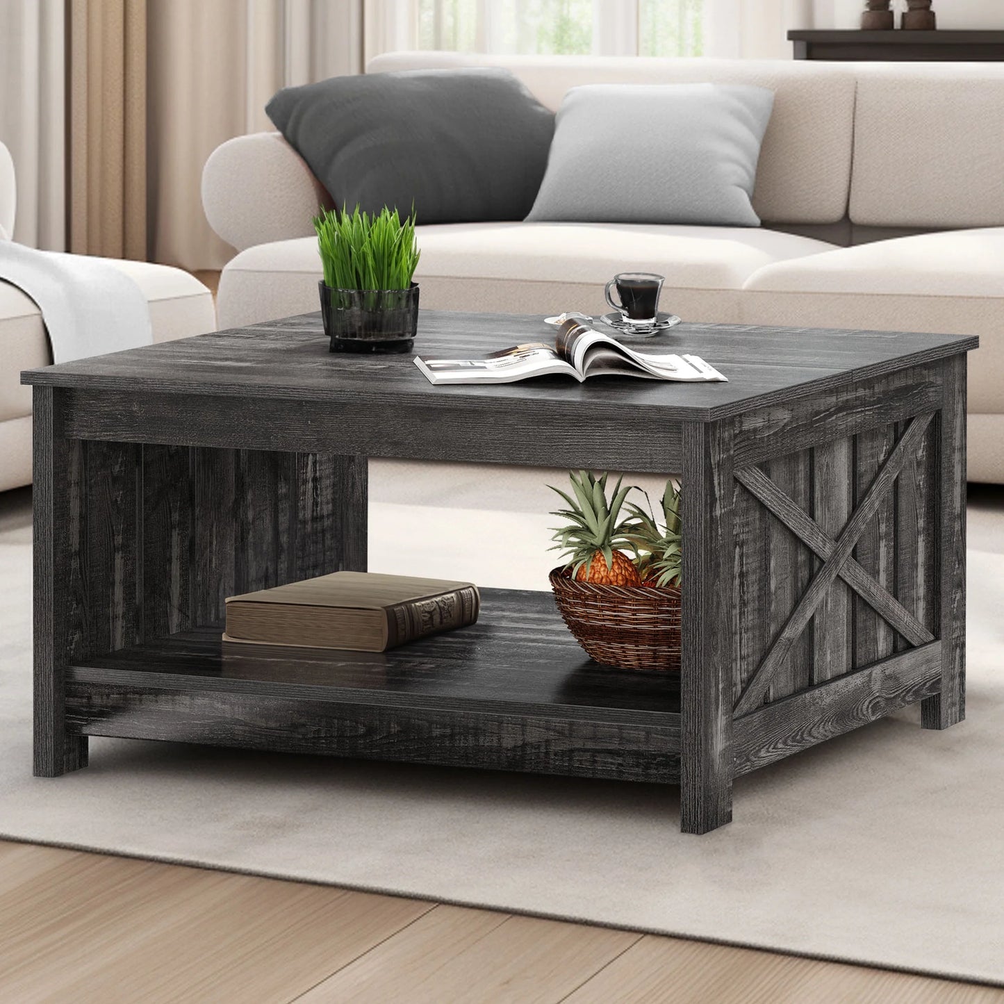 Coffee Table, Square Coffee Table, Farmhouse Coffee Table with Half Open Storage Compartment for Living Room, Gray Wash