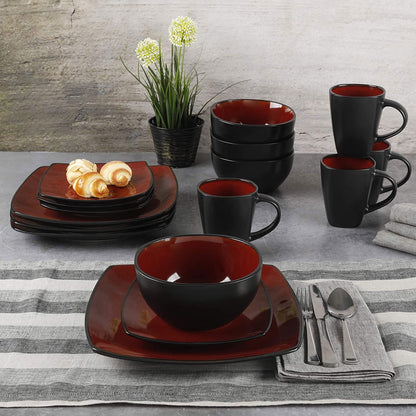 Home Soho Lounge Square Stoneware 16 Piece Dinnerware Set, Sand