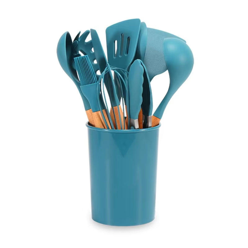 Blue Silicone Cooking Utensils Non-Stick Kitchenware with Spoon Holder Wooden Handle Kitchen Accessories Cooking Tools Set