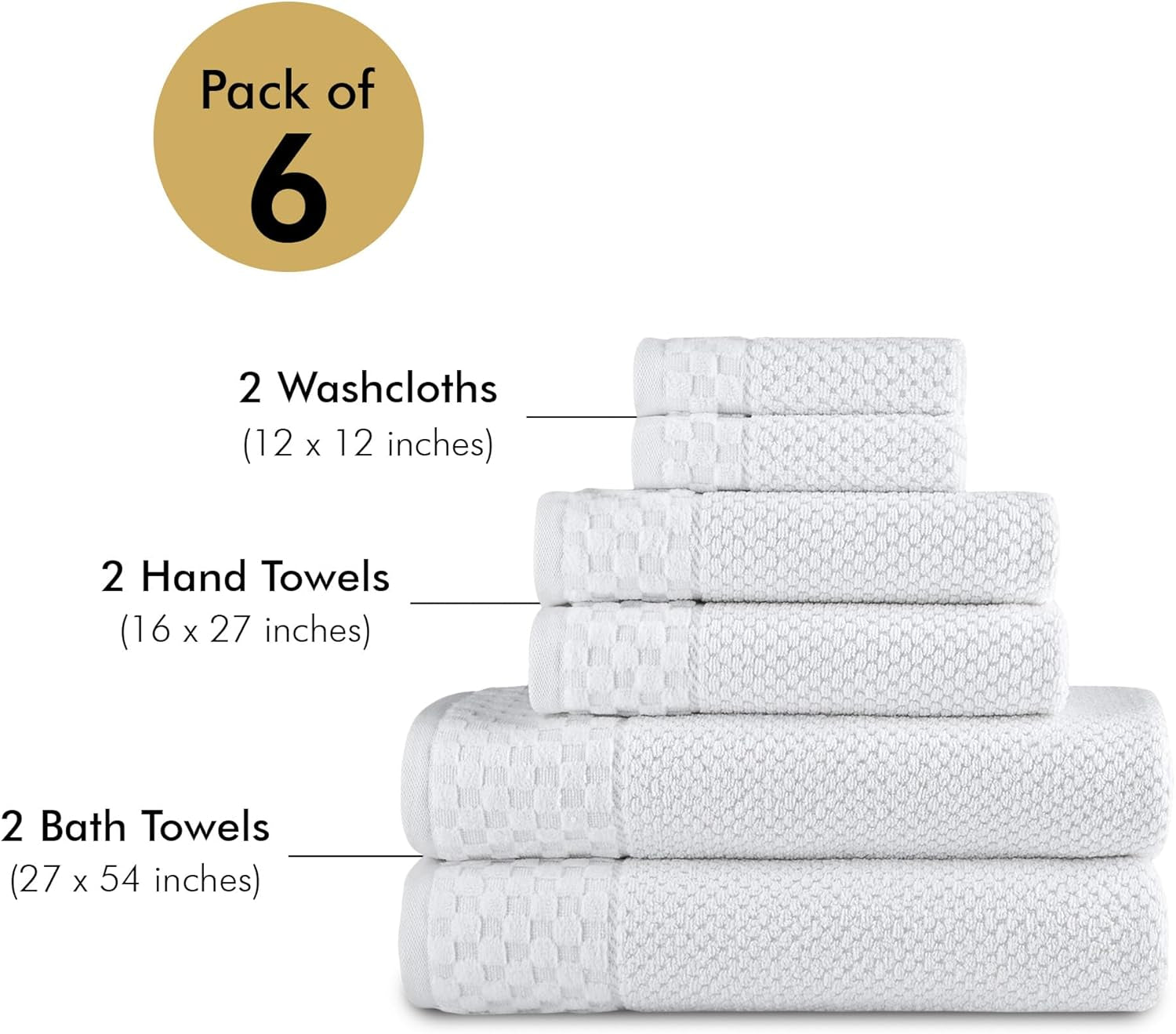 - Soft Textured and Quick Dry - 6 Piece Luxury White Towels for Bathroom - 100% Turkish Cotton - 2 Bath Towels, 2 Washcloths and 2 Hand Towels Set