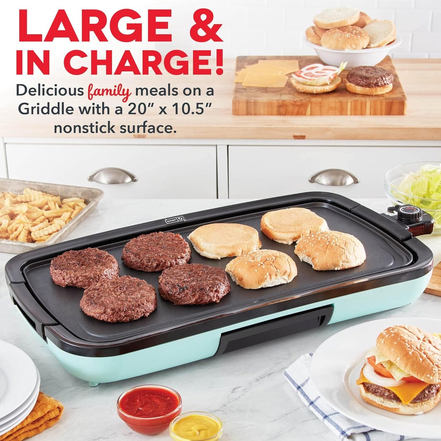 Everyday Nonstick Deluxe Electric Griddle with Removable Cooking Plate for Pancakes, Burgers, Quesadillas, Eggs and Other Snacks, Includes Drip Tray + Recipe Book, 20” X 10.5”, 1500-Watt - Aqua