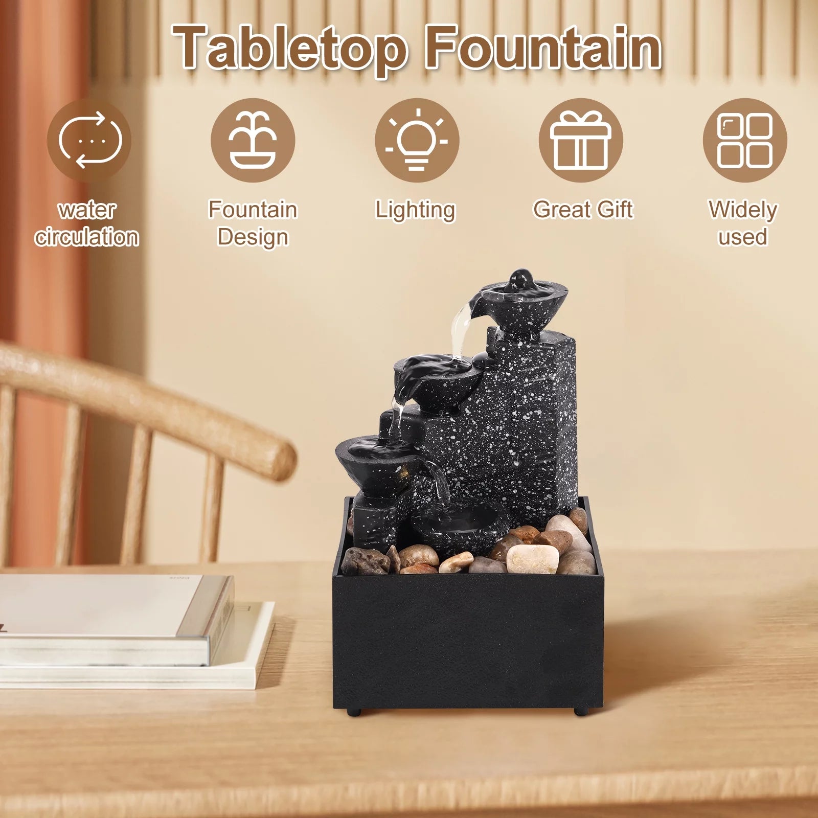 Indoor Water Fountain Tabletop Fountain 4 Level with Audible Calming Waterfall Sounds with Soft Lights